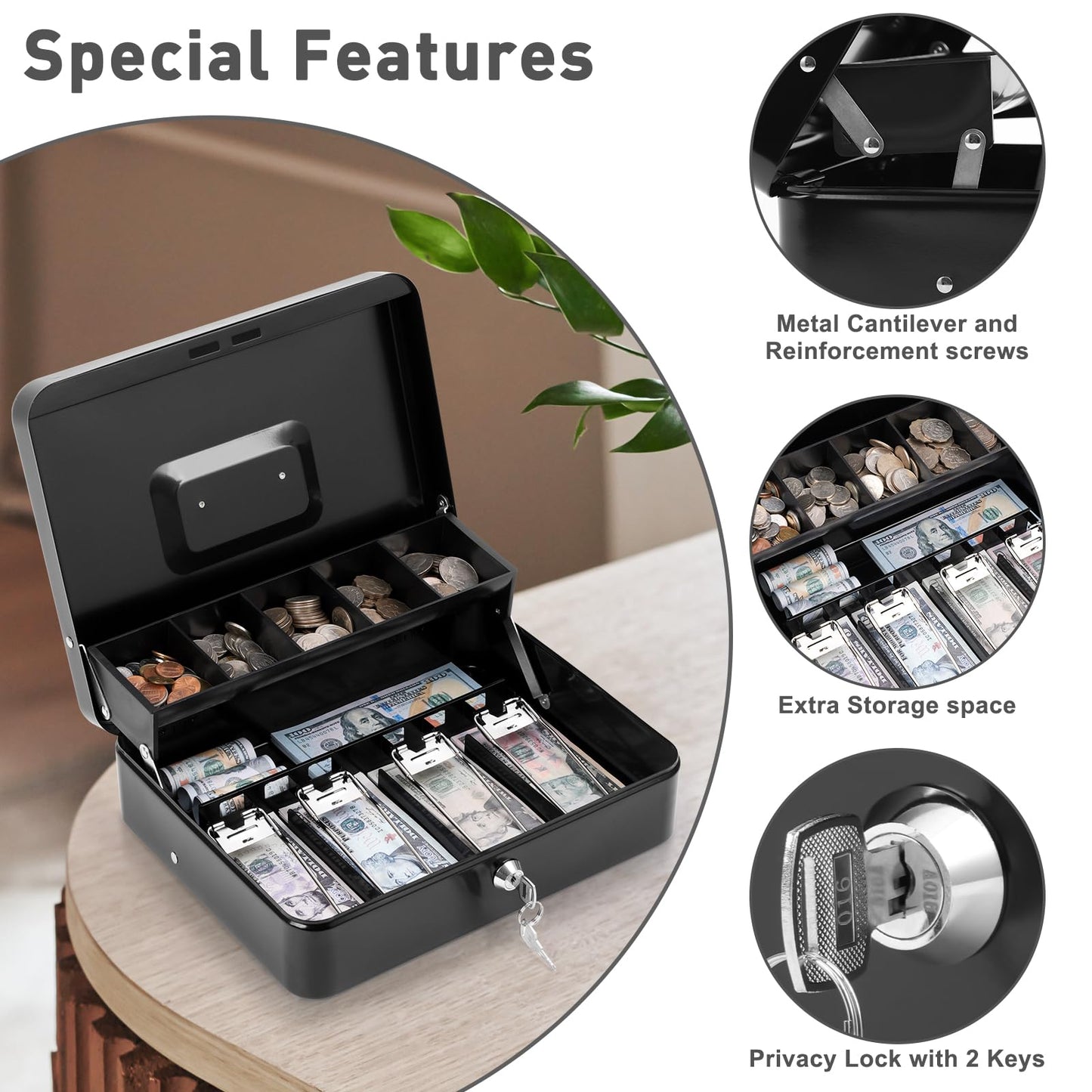 KYODOLED Locking Cash Box with Lock, Money Box with Cash Tray, Lock Safe Box with Key, Money Saving Organizer,11.81Lx 9.45Wx 3.54H Inches, Black XL Large