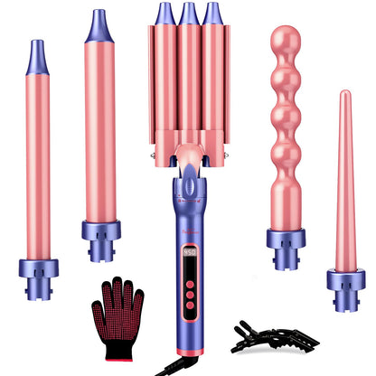 Brightup Curling Iron Wand Set, 5 in 1 Hair Curler with 3 Barrel Crimper, Fast Heat Up Curling Wand for All Hair Types with LCD Display, Gifts for Women