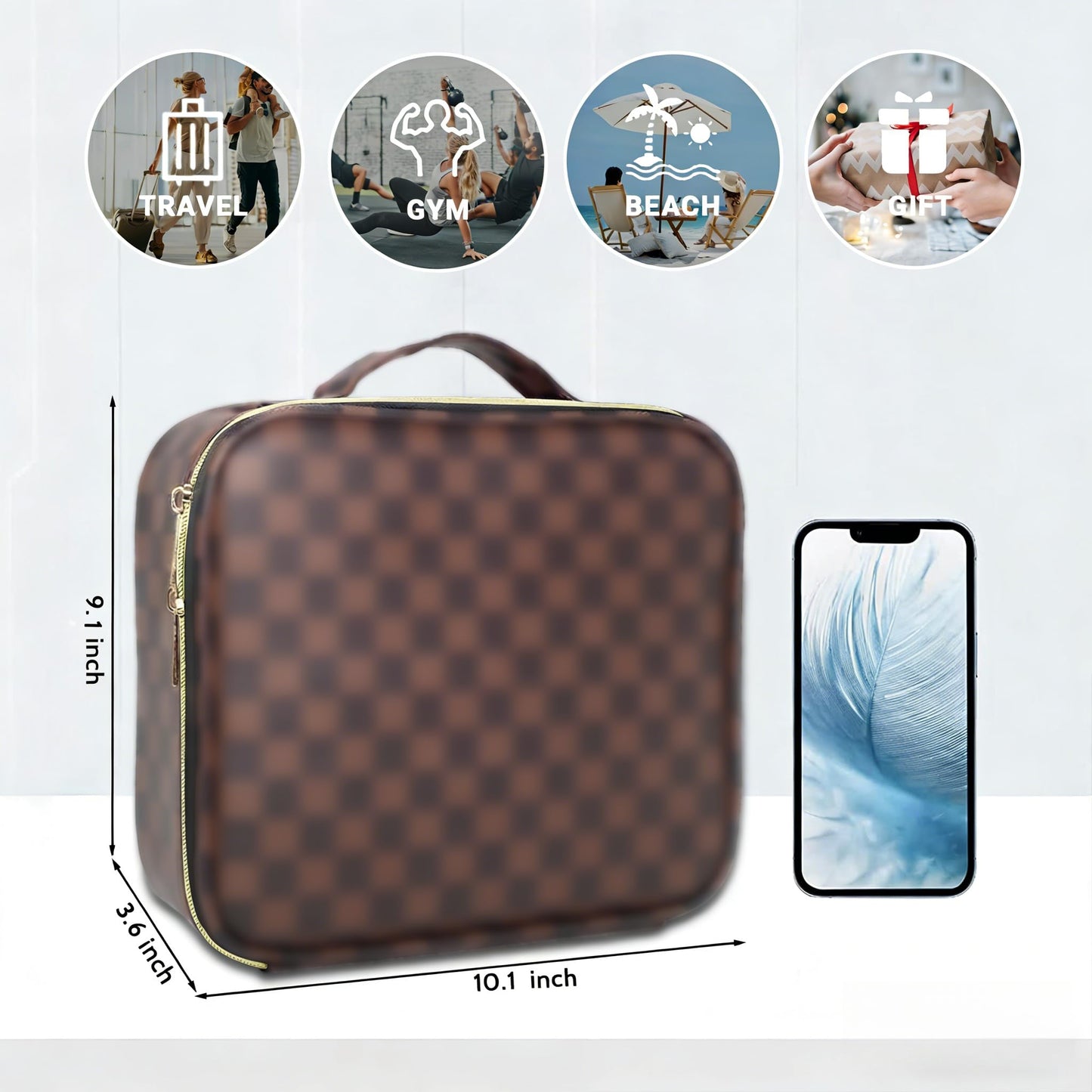 LEAFFUP Checkered Makeup Bag, Portable Makeup Bag with Adjustable Partition, Cosmetic Bags for Women Toiletry Travel Organizer Portable Make Up Bags for Christmas Birthday Gifts