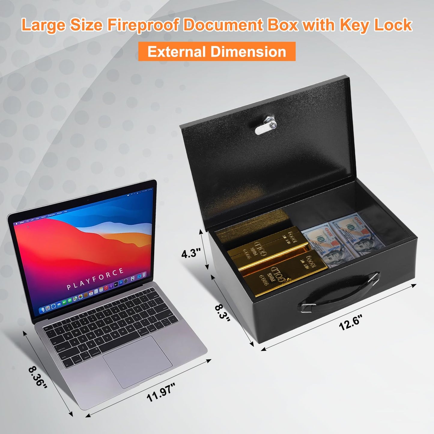 KYODOLED Fireproof Document Box with Key Lock, Small Lock Boxes for Personal Items, Fire and Water Resistance, Fireproof Safe Box for Documents, Jewelry, Passport, Cash, 12.6'' x 8.3'' x 4.3'' Black