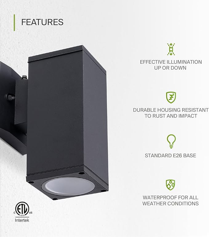 ASD 1 Light Square Dusk to Dawn Outdoor Wall Light Fixture | 60W E26 Socket 120V ETL Cylinder Up Down Lights | LED/CFL/Incandescent Bulb Exterior Wall Sconce | Front Door, Porch, Patio | Black, 2 Pack