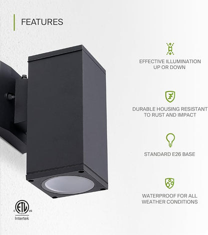 ASD 1 Light Square Dusk to Dawn Outdoor Wall Light Fixture | 60W E26 Socket 120V ETL Cylinder Up Down Lights | LED/CFL/Incandescent Bulb Exterior Wall Sconce | Front Door, Porch, Patio | Black, 2 Pack