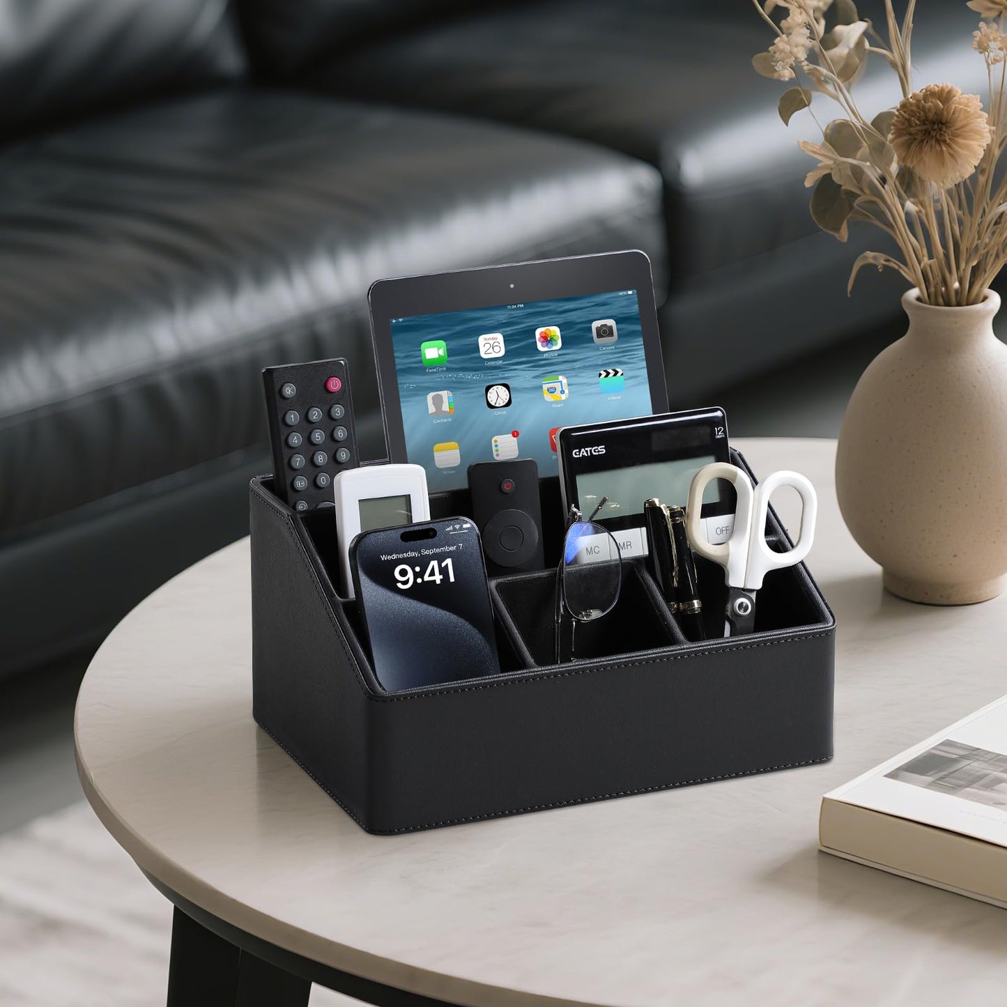 MEIBOOCH PU Leather Desk Organizer, Luxury Remote Control Holder for Home, Office Desk Accessories Table Caddy Bedside Nightstand Organizer (Black)