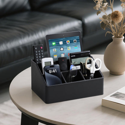 MEIBOOCH PU Leather Desk Organizer, Luxury Remote Control Holder for Home, Office Desk Accessories Table Caddy Bedside Nightstand Organizer (Black)