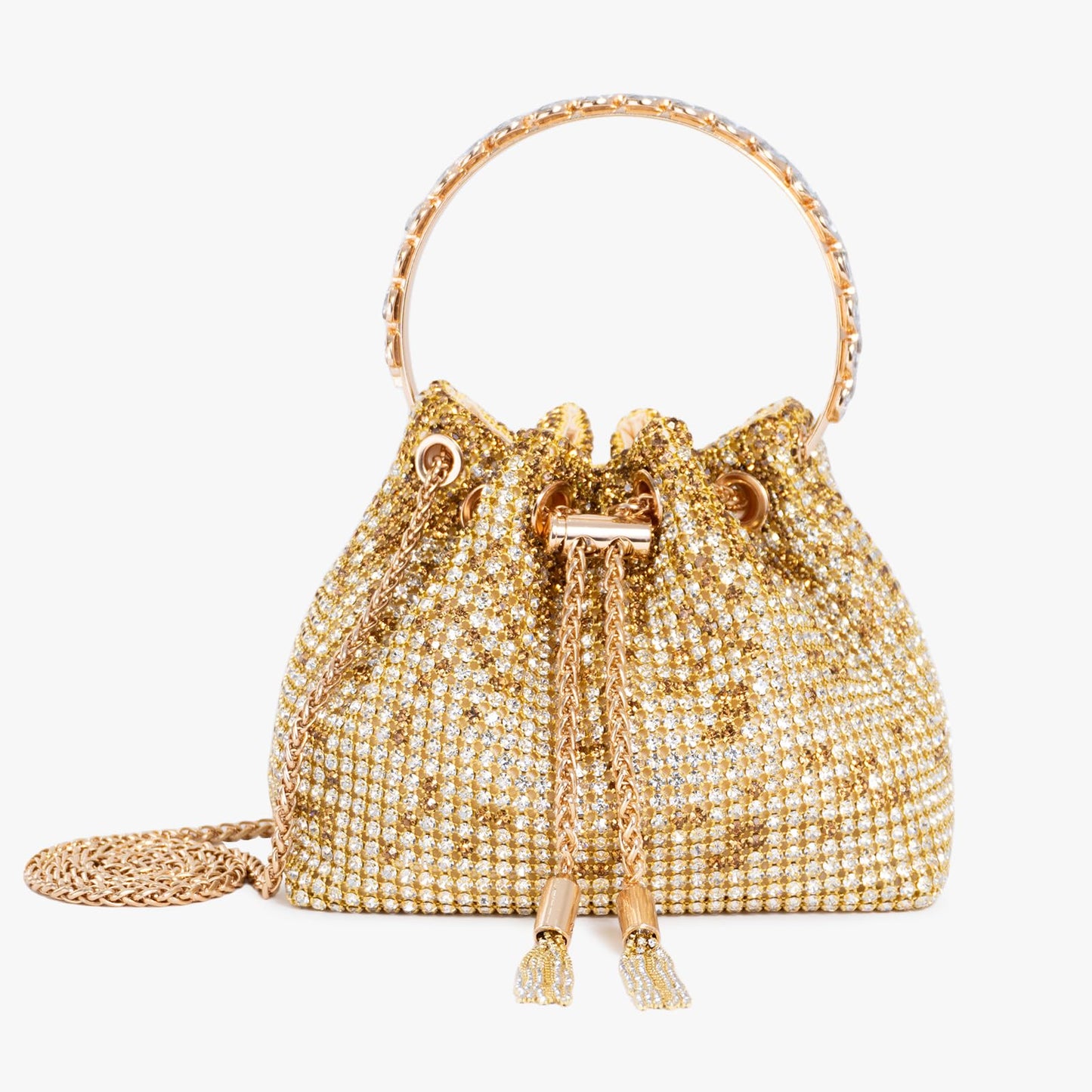 frrbuu Gold Rhinestone Bucket Bag with Drawstring Closure, Crystal Embellished Evening Purse with Chain Strap