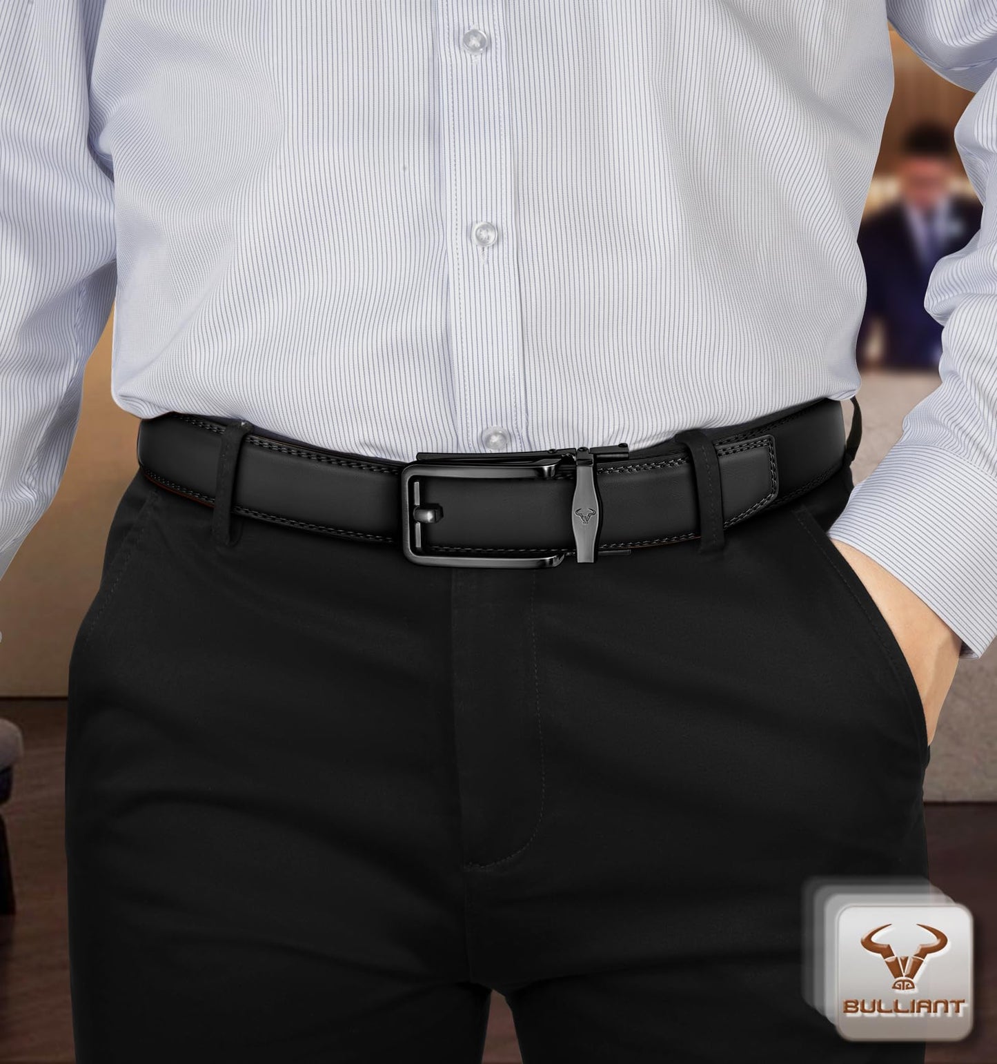 BULLIANT Men Ratchet Belt 2 Pack, Click Sliding Leather Belt Adjustable for Gift Men Dress Casual Jeans 1 3/8,Cut for Fit(Black/Tawny,32"-38" Waist Adjustable)