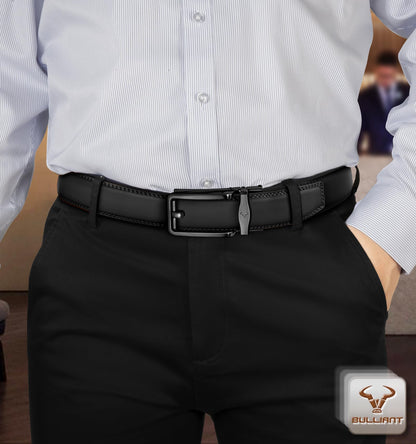 BULLIANT Men Ratchet Belt 2 Pack, Click Sliding Leather Belt Adjustable for Gift Men Dress Casual Jeans 1 3/8,Cut for Fit(Black/Tawny,32"-38" Waist Adjustable)