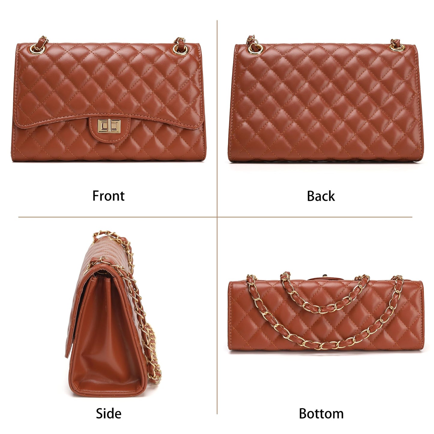 Quilted Crossbody Purse for Women Trendy Ladies Shoulder Bag with Chain Strap PU Leather Cross Body Bags Satchel HandBag,Caramel Brown
