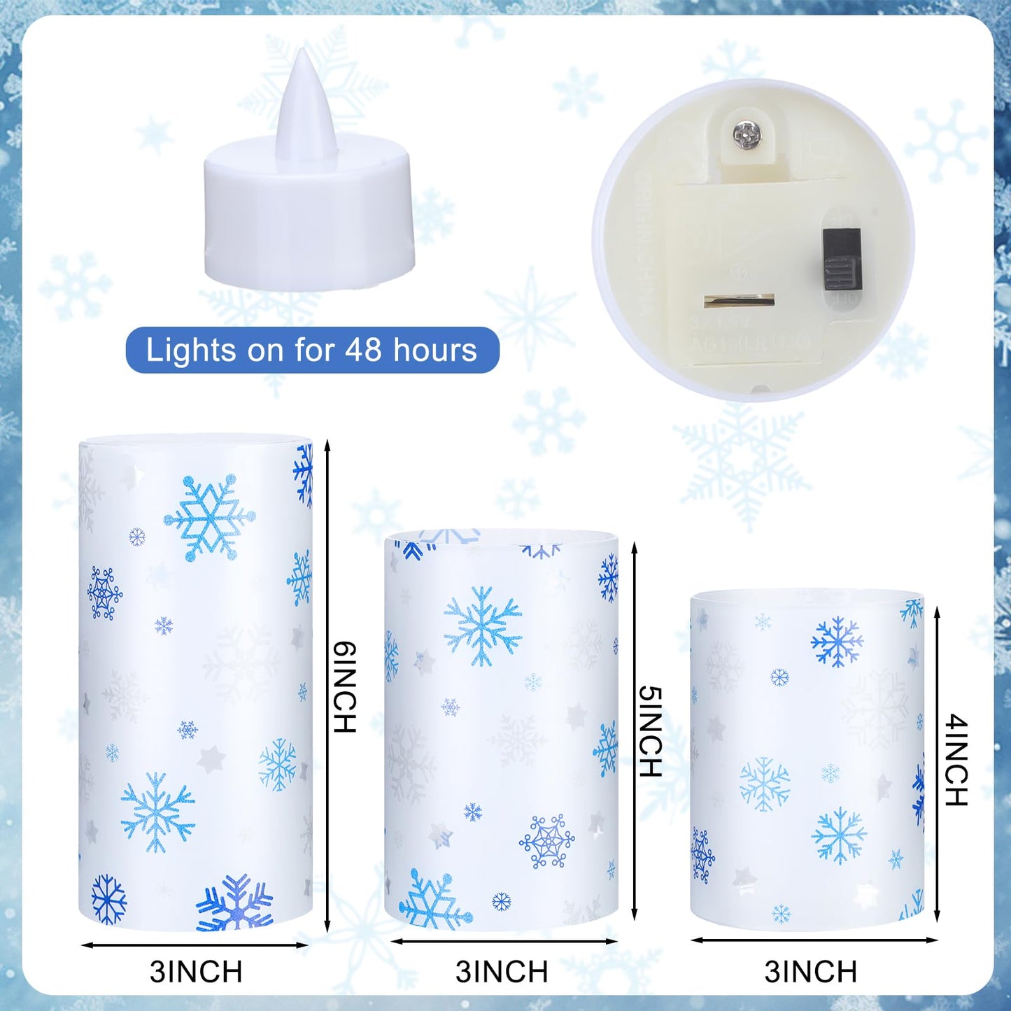 Baquler 3 Set Snowflake Flameless Candles Christmas Winter Themed Lampshade with LED Tea Lights Silver and Blue Snowflake Candle Decorations for Xmas Winter Tabletop Fireplace Home Decor