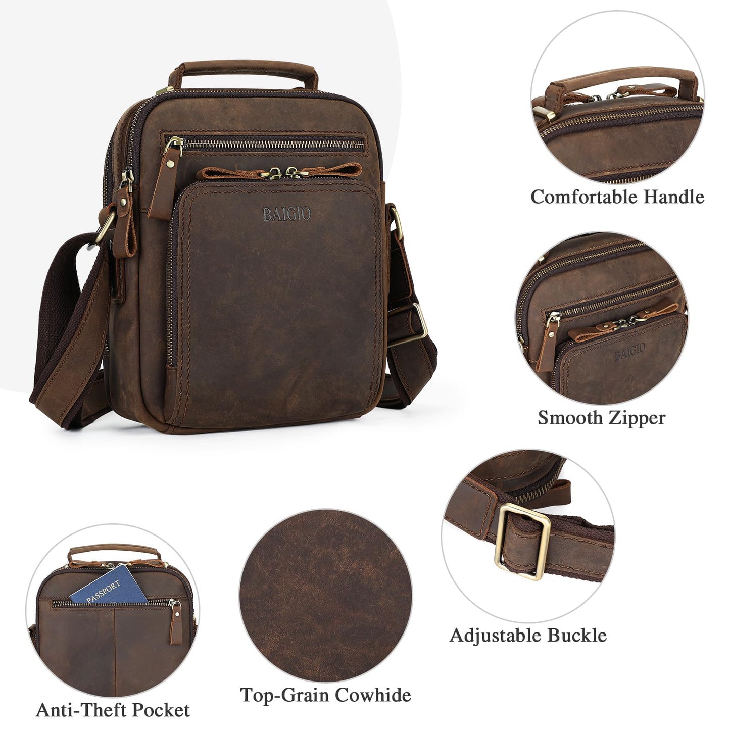BAIGIO Genuine Leather Small Messenger Bag for Men Crossbody Shoulder Bag for Ipad Small Handbag Vintage Man Purse Daily Business(Dark Brown)