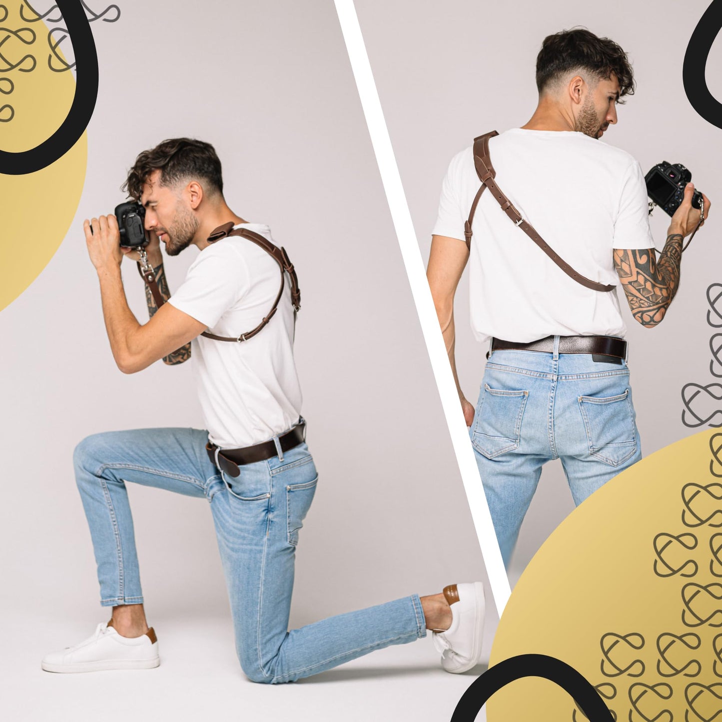 C Coiro Leather Camera Strap for One Camera - Professional Single Leather Harness Shoulder Strap with Sd Card Holder & Battery Holder, Quick Release Gear for DSLR/SLR, Brown