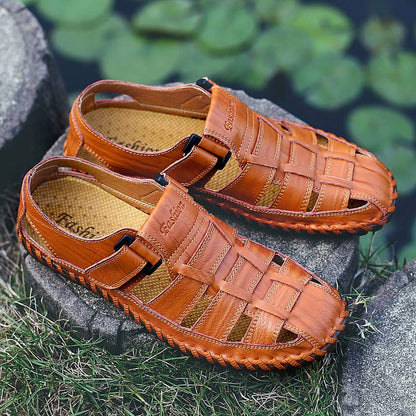 Qiucdzi Mens Sport Sandals Breathable Outdoor Fisherman Shoes Adjustable Closed Toe Summer Leather Loafters,Dark Brown