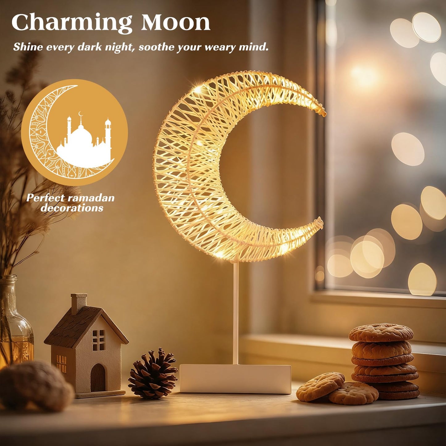 Lewondr Ramadan Decorations Moon Table Lamp, Moon Shape Rattan Ramadan Desk Lamp Battery Powered Light, Winding Thread LED Crescent Light for Home Bedroom Bedside Desktop Eid Mubarak Decorations