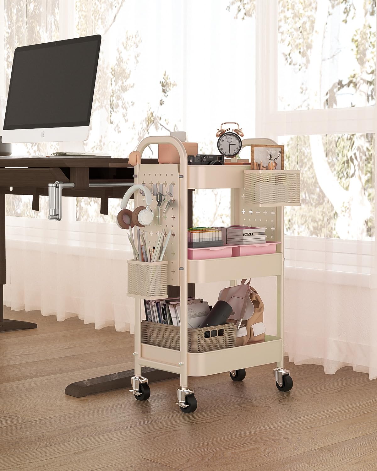 ALVOROG 3 Tier Rolling Cart with DIY Pegboards Metal Utility Cart with Wheels Handles Baskets Hooks, Craft Cart for Office Kitchen Bathroom(Khaki)