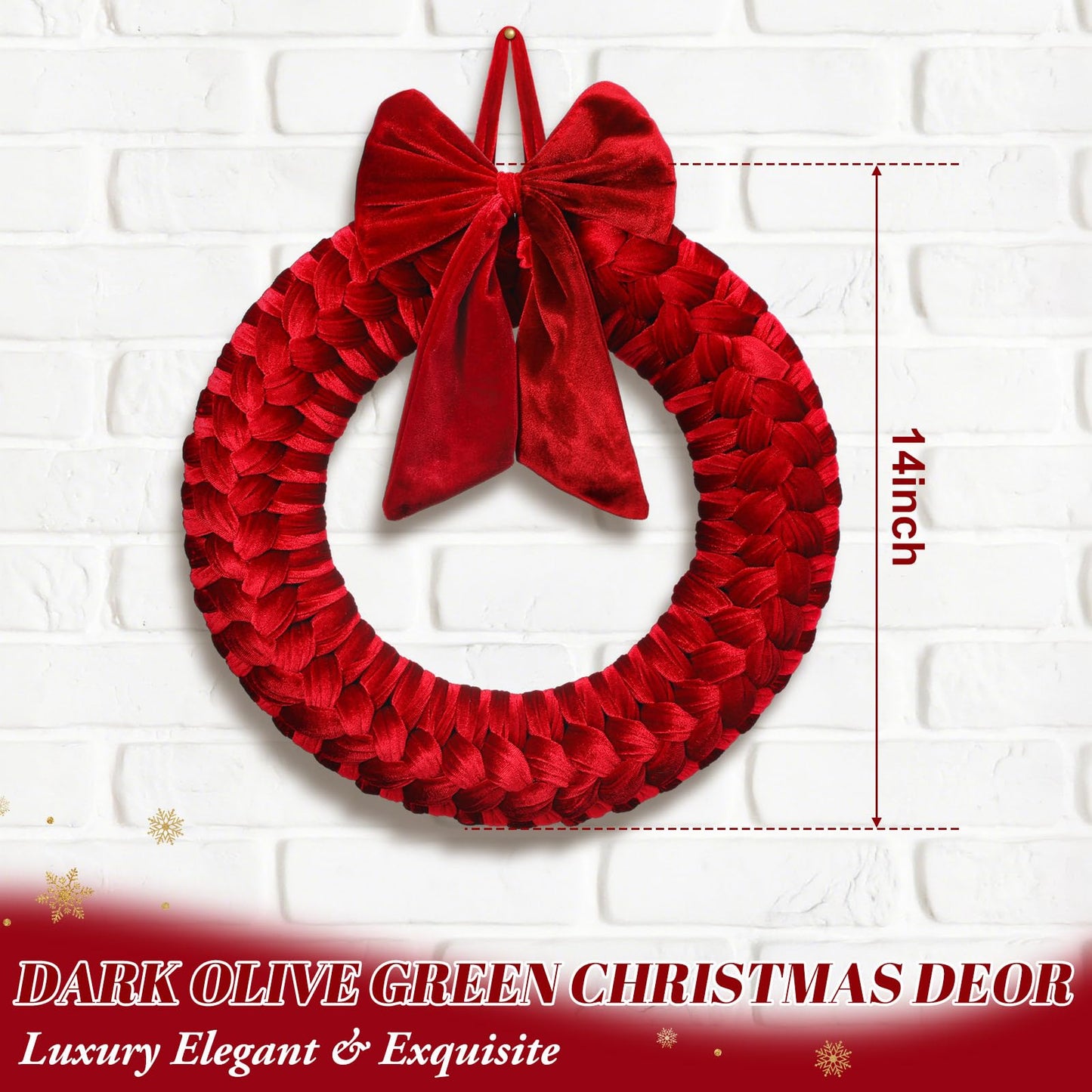 Barydat Christmas Velvet Wreath 14" Wreaths for Front Door Velvet Christmas Wreath Ornament with Bow for Party Table Fireplaces Porch Walls New Years Home Decor (Burgundy)
