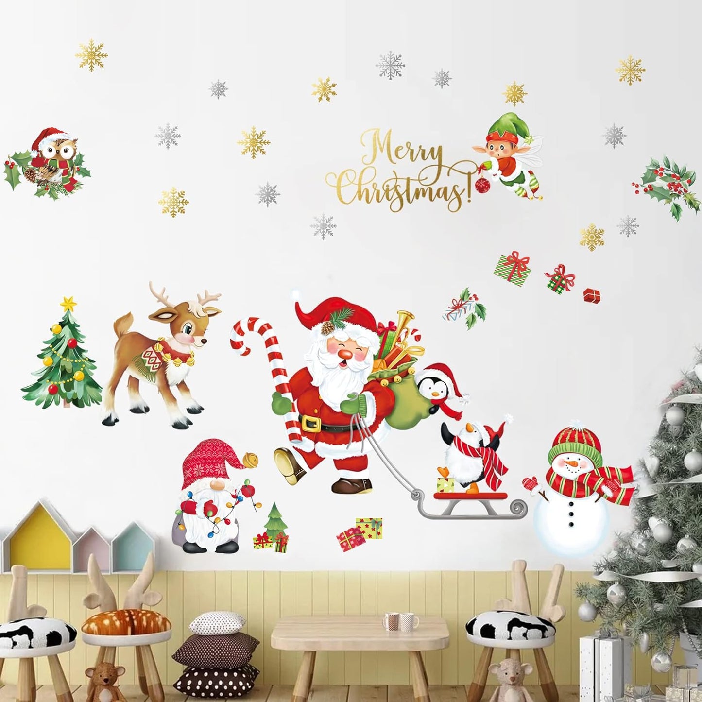 decalmile Christmas Window Wall Decals Santa Claus Elk Wall Stickers Snowman Snowflake Winter Penguin Window Clings Kids Room Home Party Shop Decorations