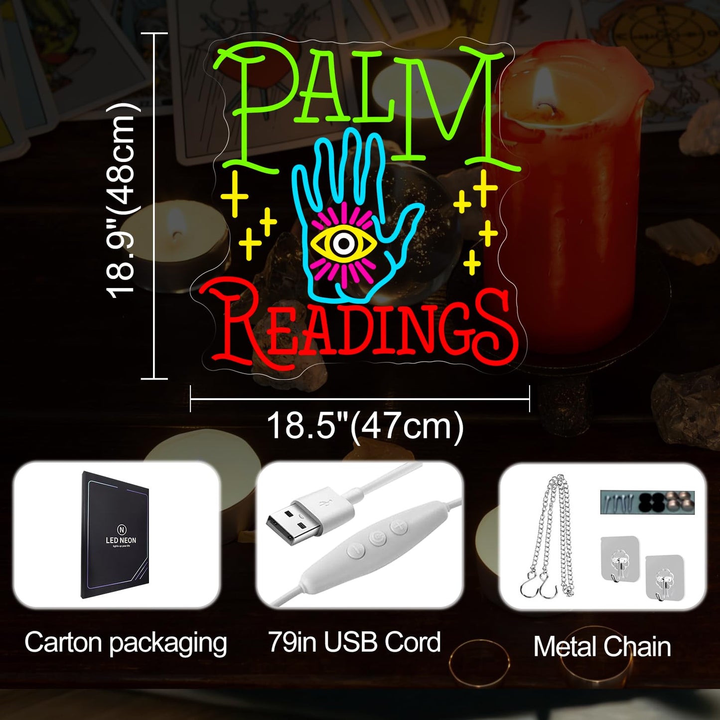 Palm Readings Neon Sign, Fortune Teller LED Neon Sign Wall Decor, Psychic Tarot Reading Neon Signs for Wall Decor, Mystical Neon Sign for Bedroom Studio Lounge 18.9”×18.5”