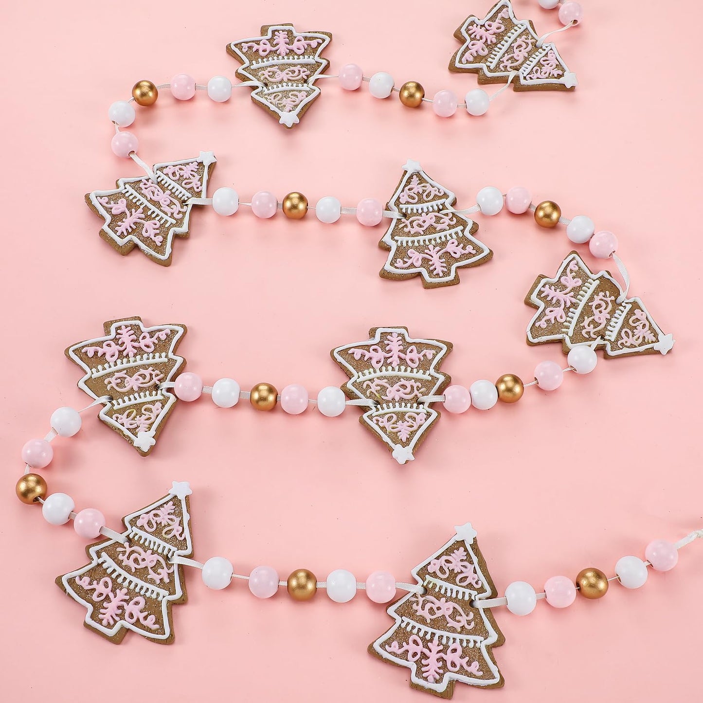 AceOrbit 8.2ft Christmas Tree Garland Pink Polymer Clay Christmas Tree Banner Farmhouse Xmas Wooden Beads Hanging Ornaments for Xmas Holiday Mantel Fireplace Window Wall Decor