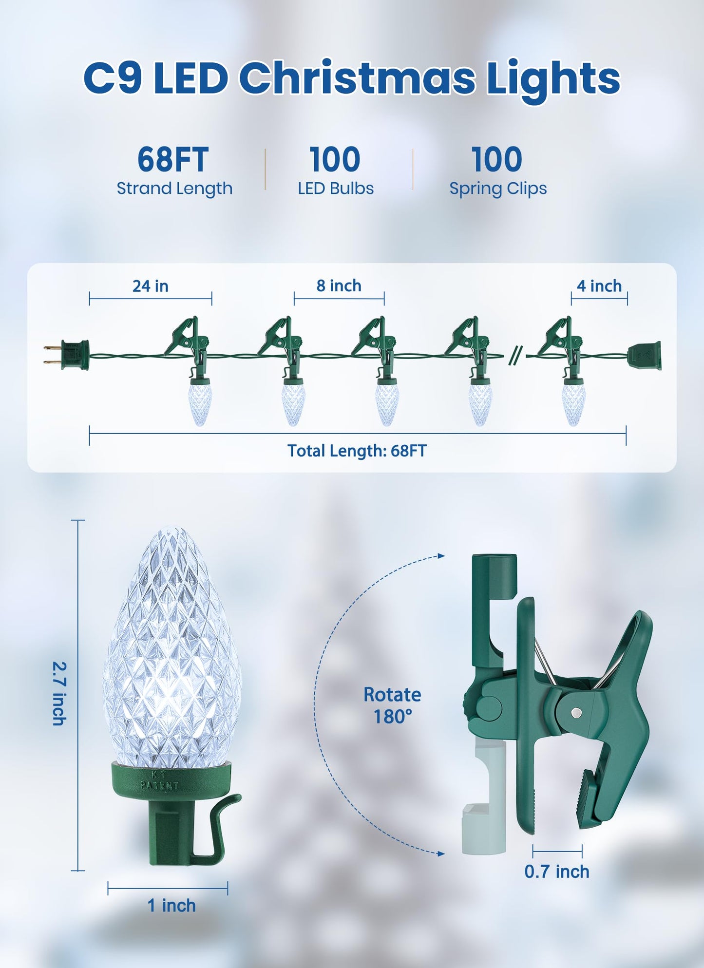 C9 LED Christmas Lights Outdoor, 68 Feet 100 LED Strawberry String Lights with 100 Spring Clamps, Waterproof Commercial Grade Extendable for Outside Roofline Patio Home Xmas Decoration, Pure White