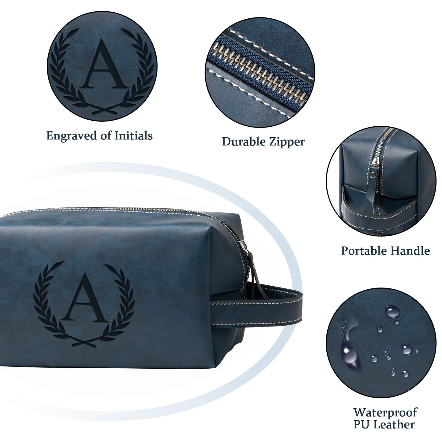 Aganmi Personalized Gifts Travel Toiletry Bag for Men Engraved Initial PU Leather Waterproof Shaving Bag for Toiletries Accessories Fathers Day Birthday Gift for Men Dad Husband Son, Dark Blue B