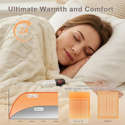 SnugLife Heated Blanket Electric Throw,50" x 60" Fast Heating Electric Blanket with 6 Heat Levels & 4 Hours Auto-Off,Ultra Coza & Warm Heated Throw with ETL Certification,Over-Heat Protection(White)