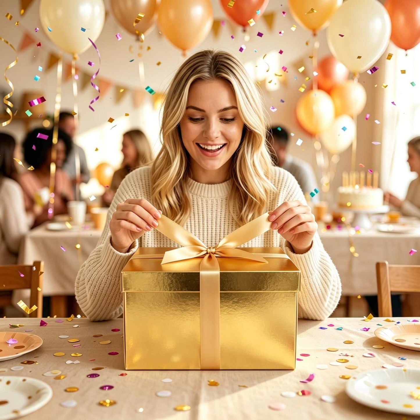 BoxSkivra Large Gift Box 16x12x8 Inches，Gold Gift Box with Lid for Christmas，Anniversary，Birthday，Luxury Boxes with Crinkle Paper，Ribbon，Alphabet Stickers