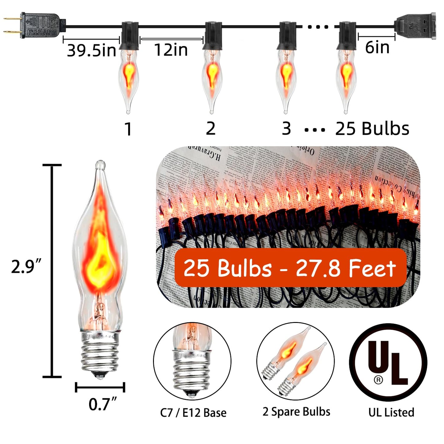 27.8Ft Halloween Decorations Flickering Flame String Lights with 29 Pack Clear Glass Flame Light Bulbs (4 Spare), E12 Base, Great for Christmas Halloween Indoor Outdoor Home Party Decor, Black Wire