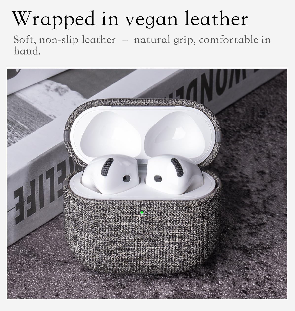 HanFab Artisan Hand-Wrapped Vegan Leather Case for AirPods 4th Generation (2024 Release) | Canvas Finish Synthetic Leather | Microfiber-Lined Scratch Protection | Hard Shell Case for AirPods 4 - Gray