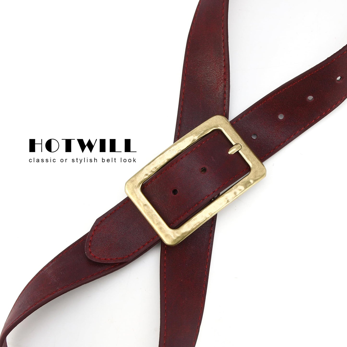HOTWILL Wide Belts for Women Dresses Jeans Chunky Faux Leather Ladies Waist Belt with Vintage Gold Buckle Burgundy Red Small