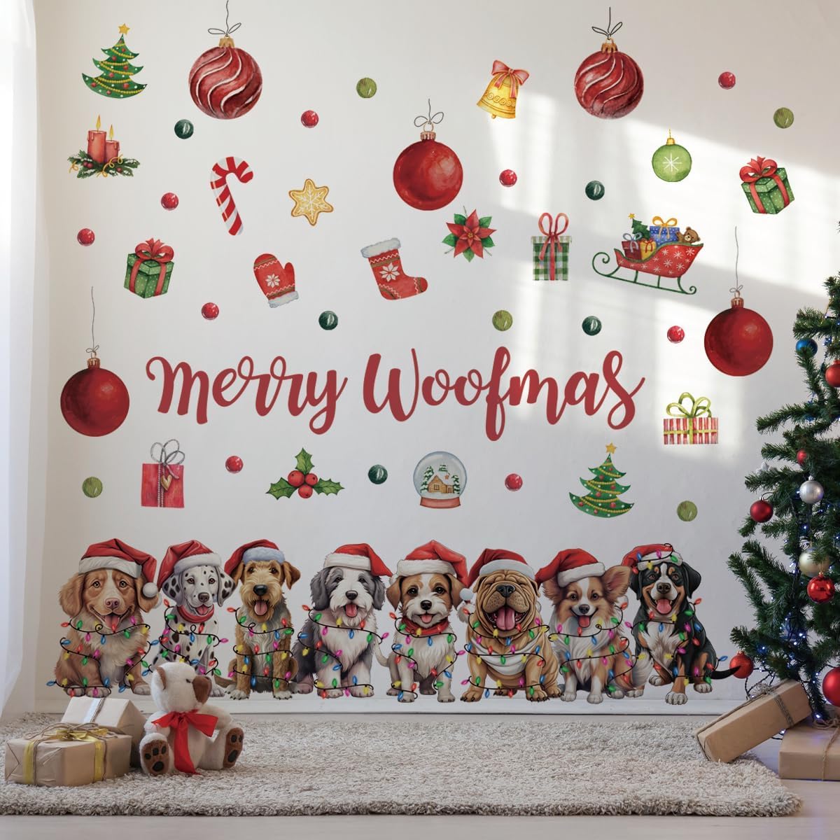 Denylo pro Christmas Dog Wall Decal Merry Christmas Wall Sticker Removable Christmas Wall Decals Decor for Winter Christmas Holiday Party Supplies Home Window Decor