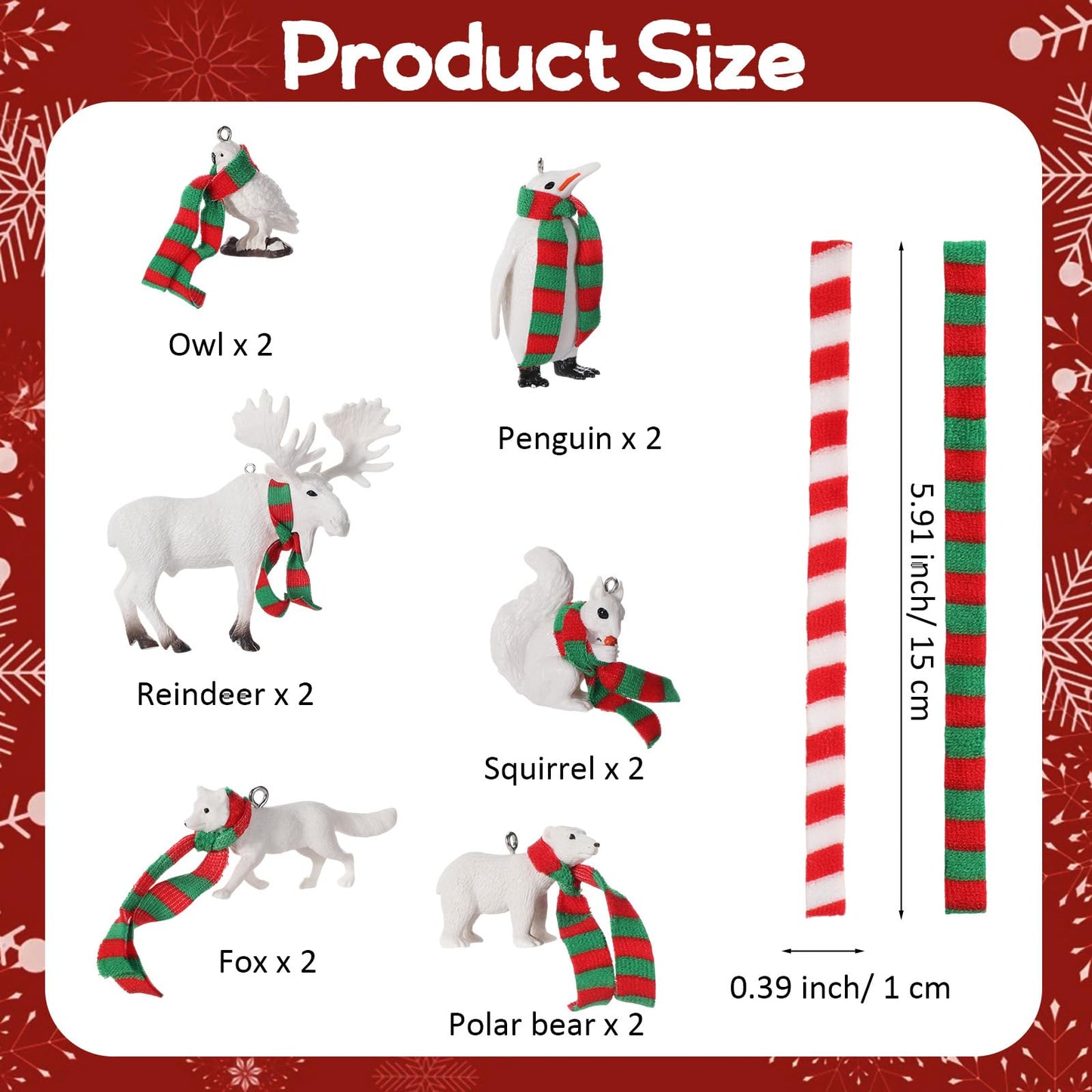 Blosssound 12 Pcs Christmas Polar Animal Ornaments 3D Christmas Tree Ornaments with Mini Scarves White Winter Tree Decorations Polar Bear Fox Squirrel Owl Hanging Pendant Figurines Party Favors