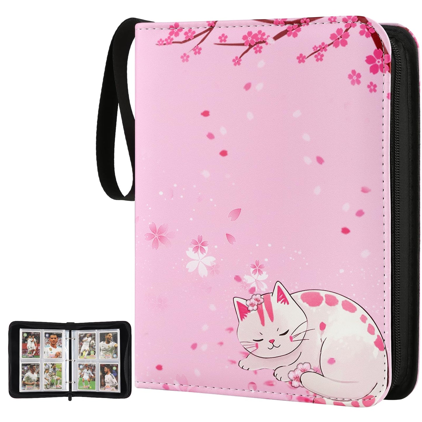 EYEGLEAM Card Binder 4-pocket,400 Pockets Trading Card Holder Album Book Case for TCG Cards Collection Sports Trading Cards Collector Album for Boys Girls Toys Gift Pink Sakura Cat
