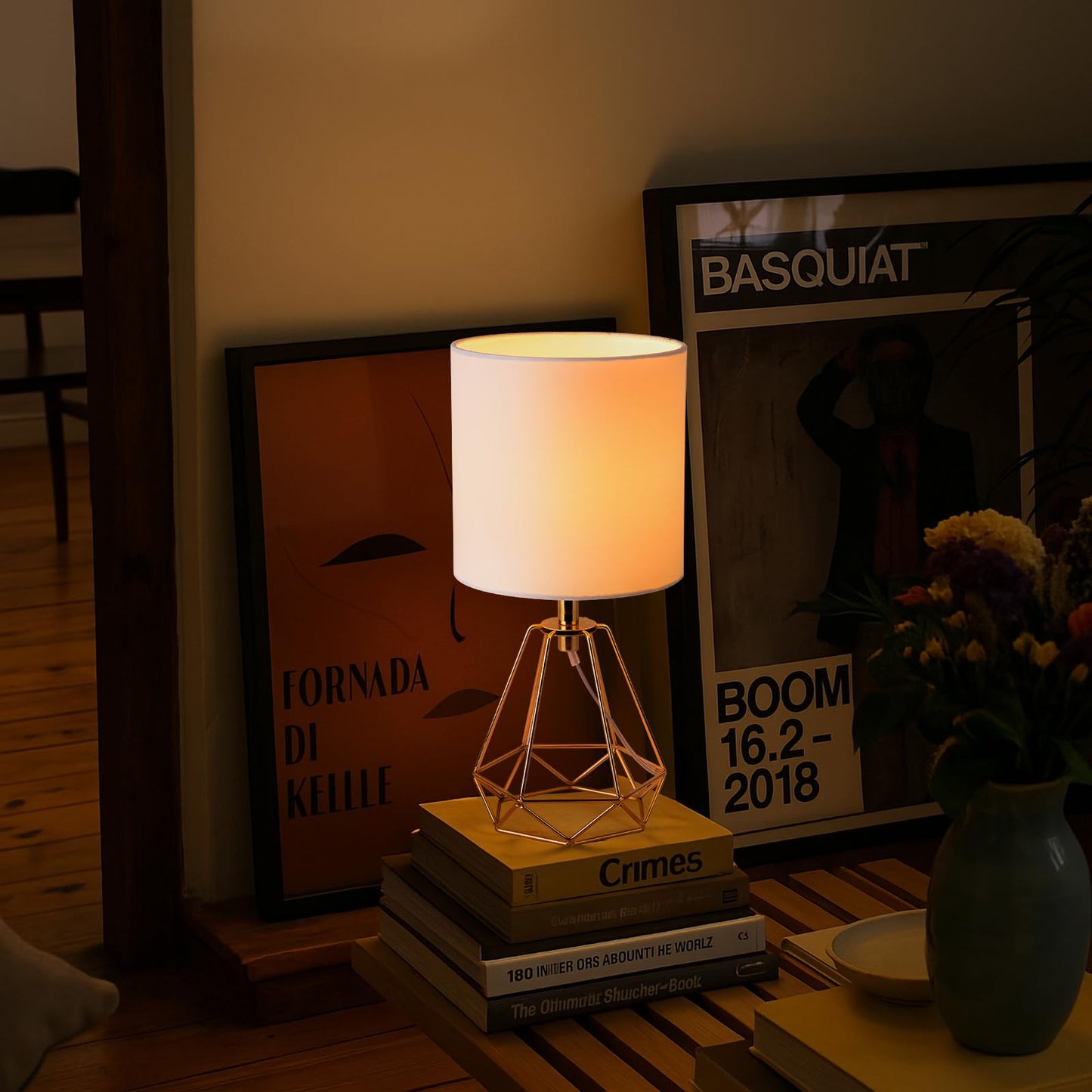 Fengarolam Modern Golden Metal Table Lamp,14" Small Bedside Lamp with Hollowed Out Metal Base & White Fabric Shade,E26 Nightstand Desk Lamp for Bedroom,End Table,Living Room&Room Decor