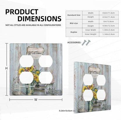Decorative Light Switch Cover Plate Country Flower Vintage Wood Board Sunflower Butterfly 2 Gang Socket Covers Double Duplex Wallplates Switch Plates and Outlet Covers for Bathroom Home Decor