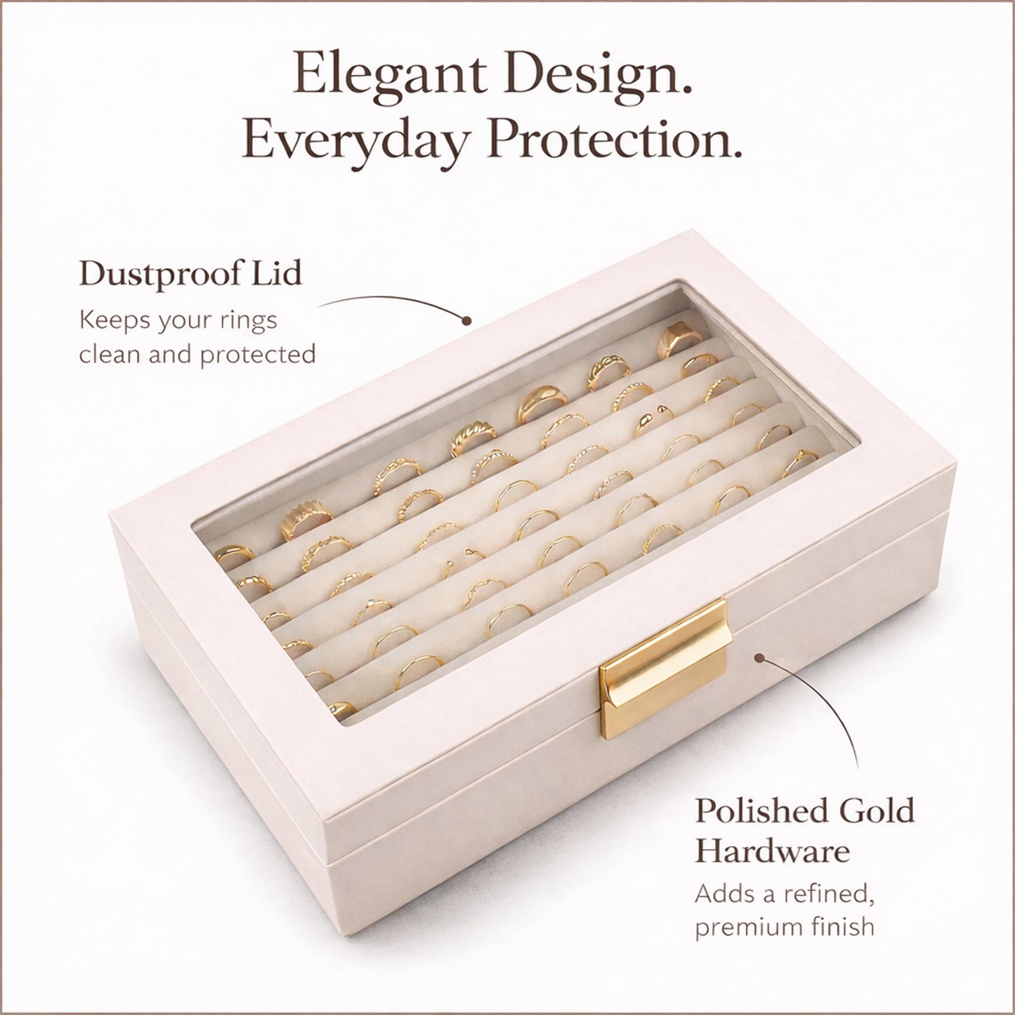 Ring and Earring Jewelry Display Box – Holds Up to 80 Rings, Faux Leather Jewelry Box with Velvet Interior and Clear Viewing Lid for Ring Organizer and Display