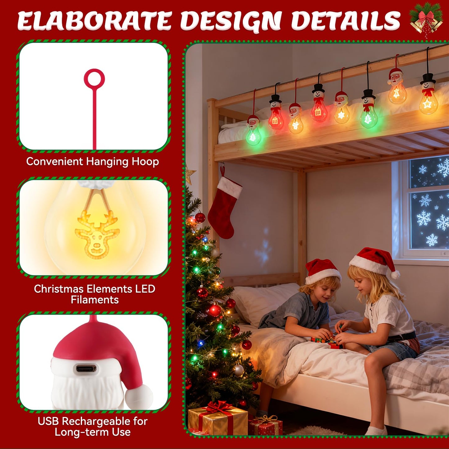 Brightever 2-Pack Hanging Christmas NightLights, USB Rechargeable Indoor Christmas Decorations A19 LED Light Bulb with Snowflake and Star LED Filaments, Great Gift Ideal for Kids, Friends, Family