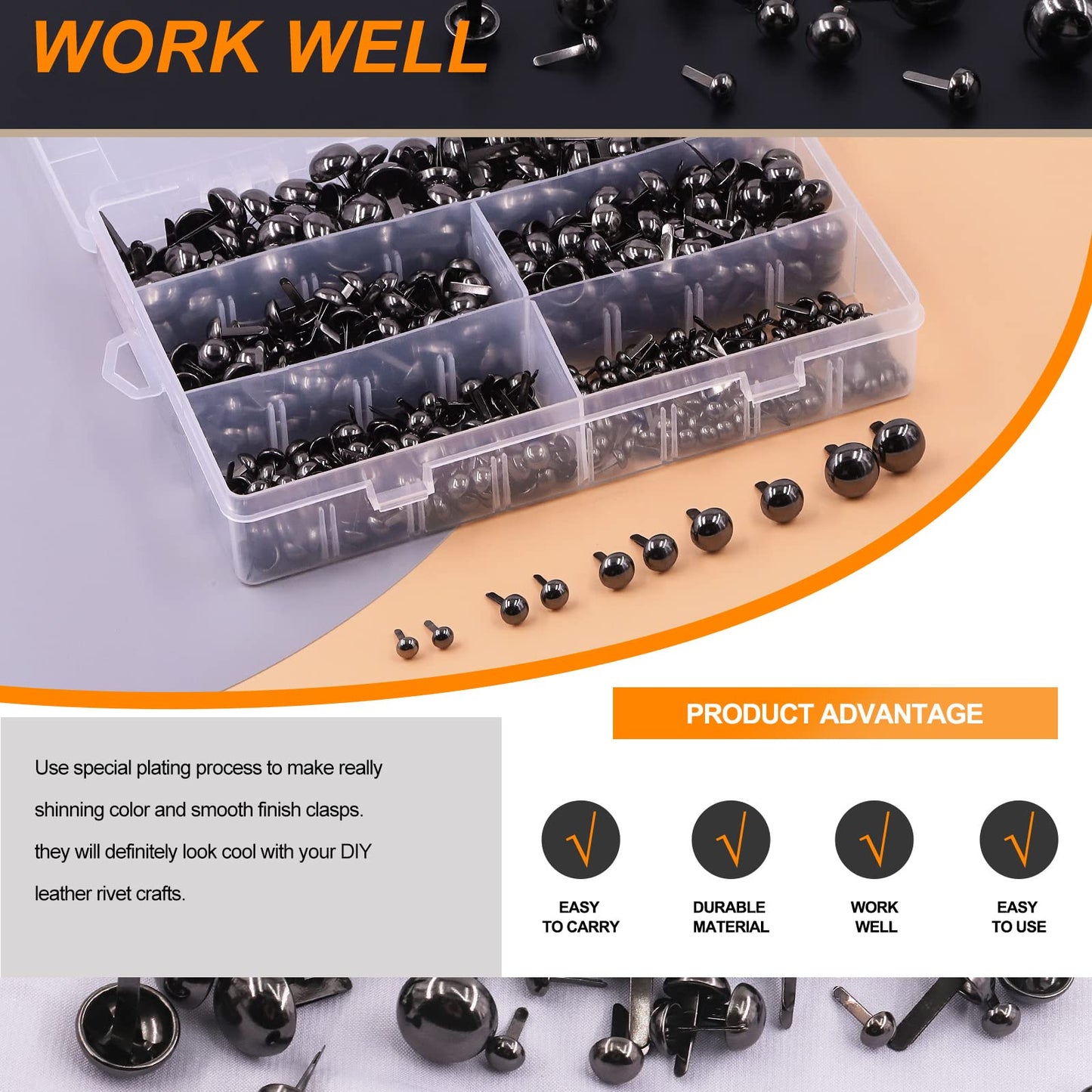 Rustark 500PCS 5 Sizes Black Paper Fasteners Round Brads Fasteners Assortment Kit Mushroom Head Paper Fasteners Brass Metal Brads Scrapbooking Decorative Paper Crafts School DIY Art Project Supplies