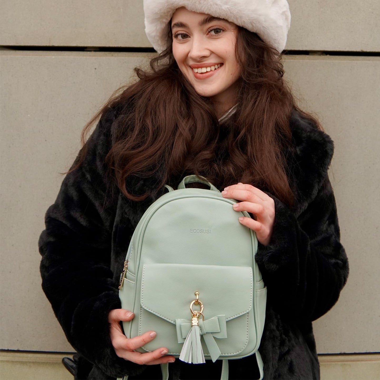ECOSUSI Mini Backpack for Women Girls Cute Bowknot Small Backpack Purse Ladies Leather Bookbag Satchel Bag, with Charm Tassel Green