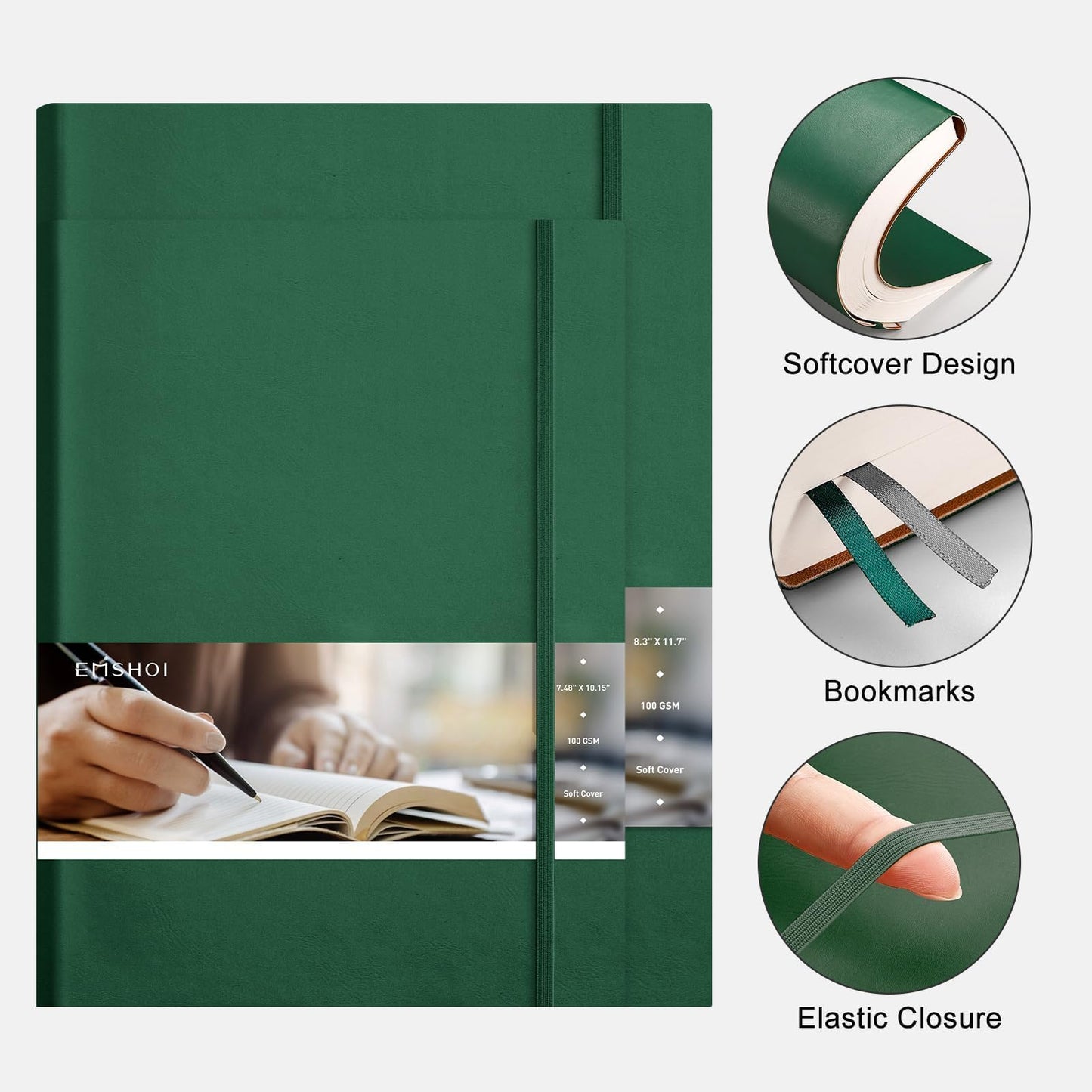 EMSHOI B5 College Ruled Notebook, Large 7.48" x 10.15", 400 Pages 100GSM Ink-Proof Faux Leather Softcover Lay-Flat Lined Journal for Work Office School Bible Study Writing, Dark Green
