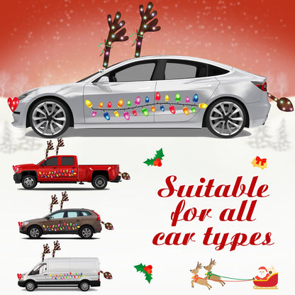 Cunno 6 Pack Christmas Reindeer Antlers Car Kit with LED Lights Christmas Car Decorations Light up Xmas Wreath Reflective Refrigerator Magnets Decals Auto Exterior Accessories
