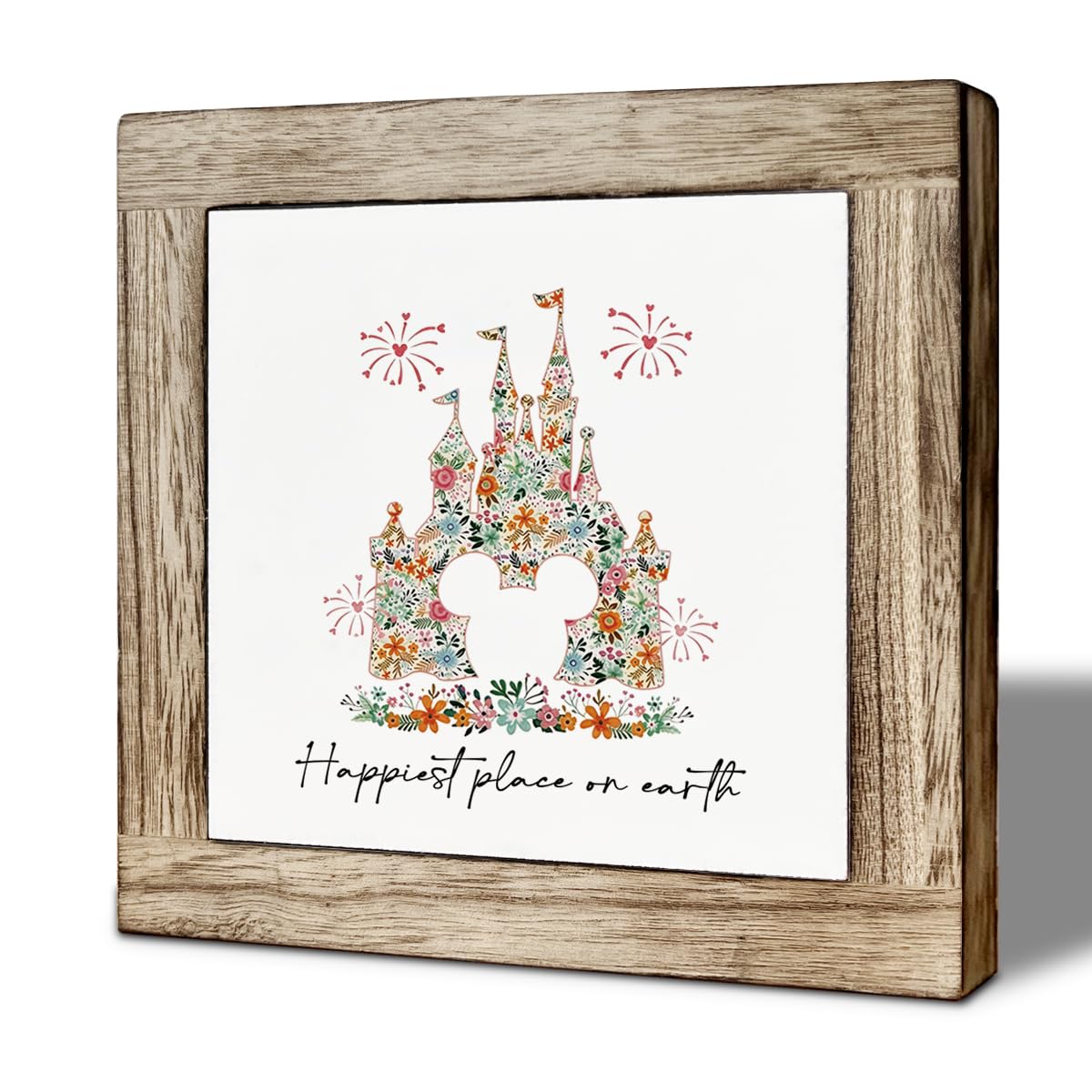 Magical Kingdom Floral Graphic Wooden Decor, Princess Castle Decoration for Bedroom Living Room Office Desk Shelf Accessories, 5.9x5.9 Inch