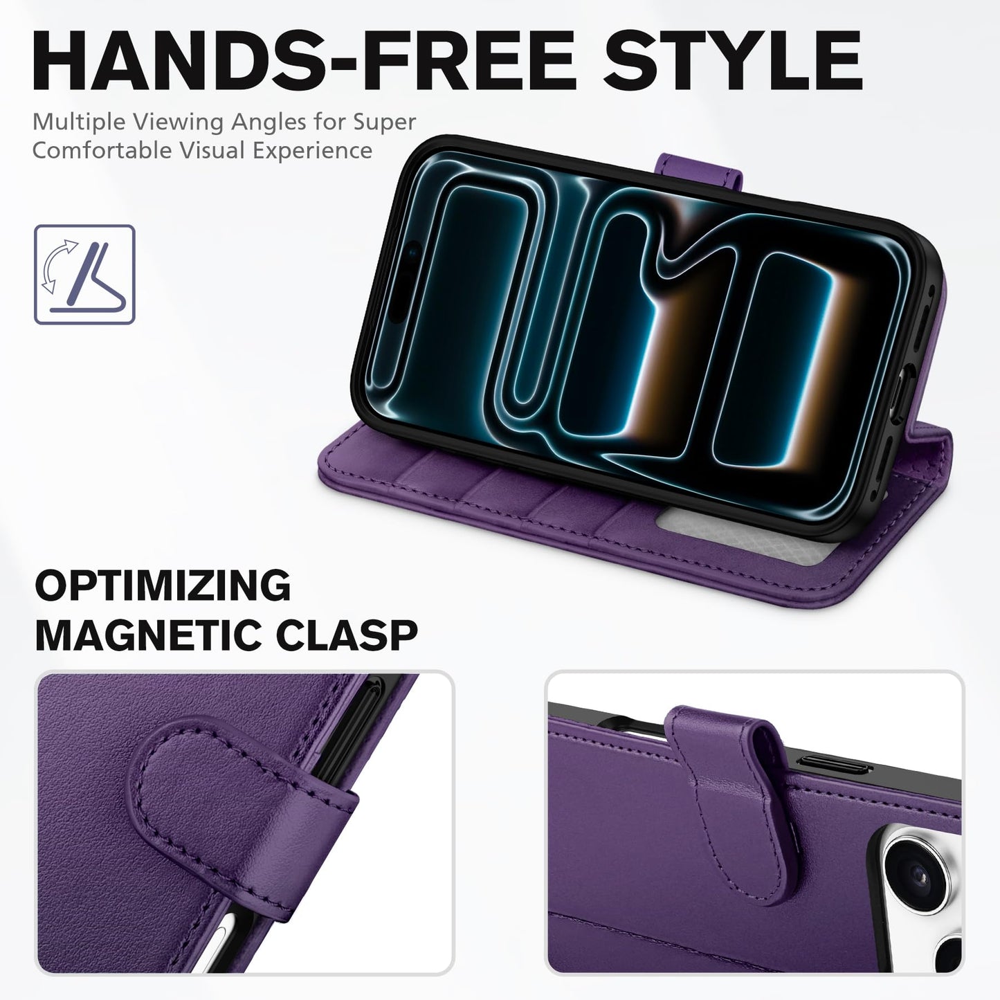 TUCCH Case Wallet for iPhone 17 Pro (6.3") 2025, Wrist Strap, Stand, RFID Blocking, 4 Card Holder, TPU Shockproof Shell, PU Leather, Magnetic Closure Folio Protective Cover, Deep Purple