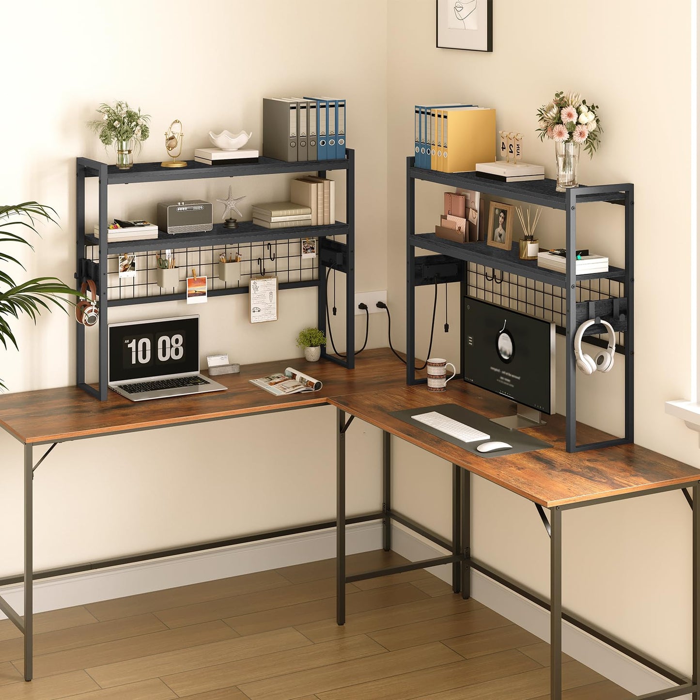 HOOBRO Desktop Bookcase, 2-Tier Desktop Organizer, 37.4" Wooden Office Storage Rack with Outlets, Display Shelf Rack with Light Strip, Desk Hutch for Office, Black BB13UDSJ01