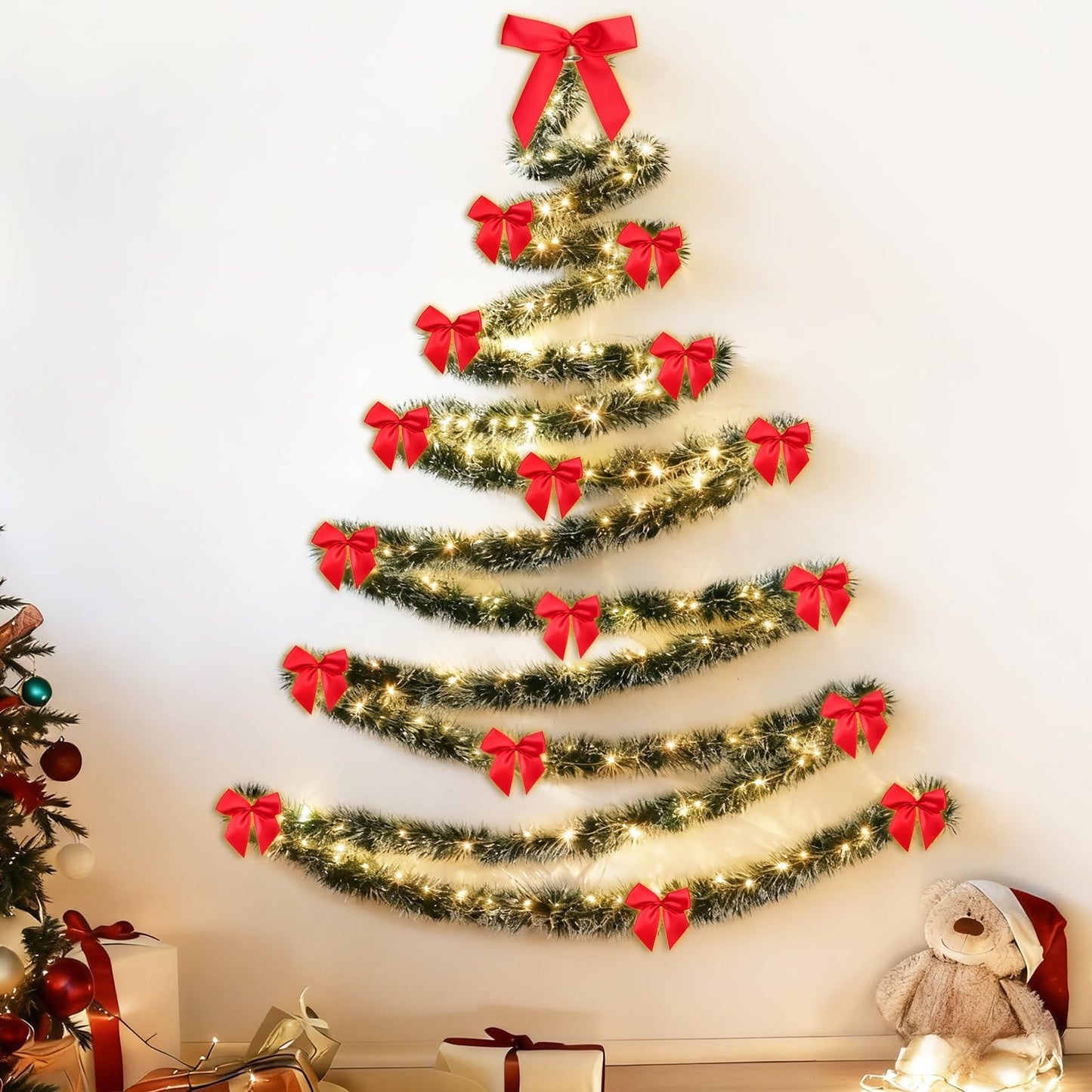 Christmas Tree Wall Decoration Artificial DIY Wall Mounted Hanging Christmas Tree with LED Light Garland Red Satin Bows Space Saving Xmas Decoration for Home Door Indoor Small Space Holiday Supplies