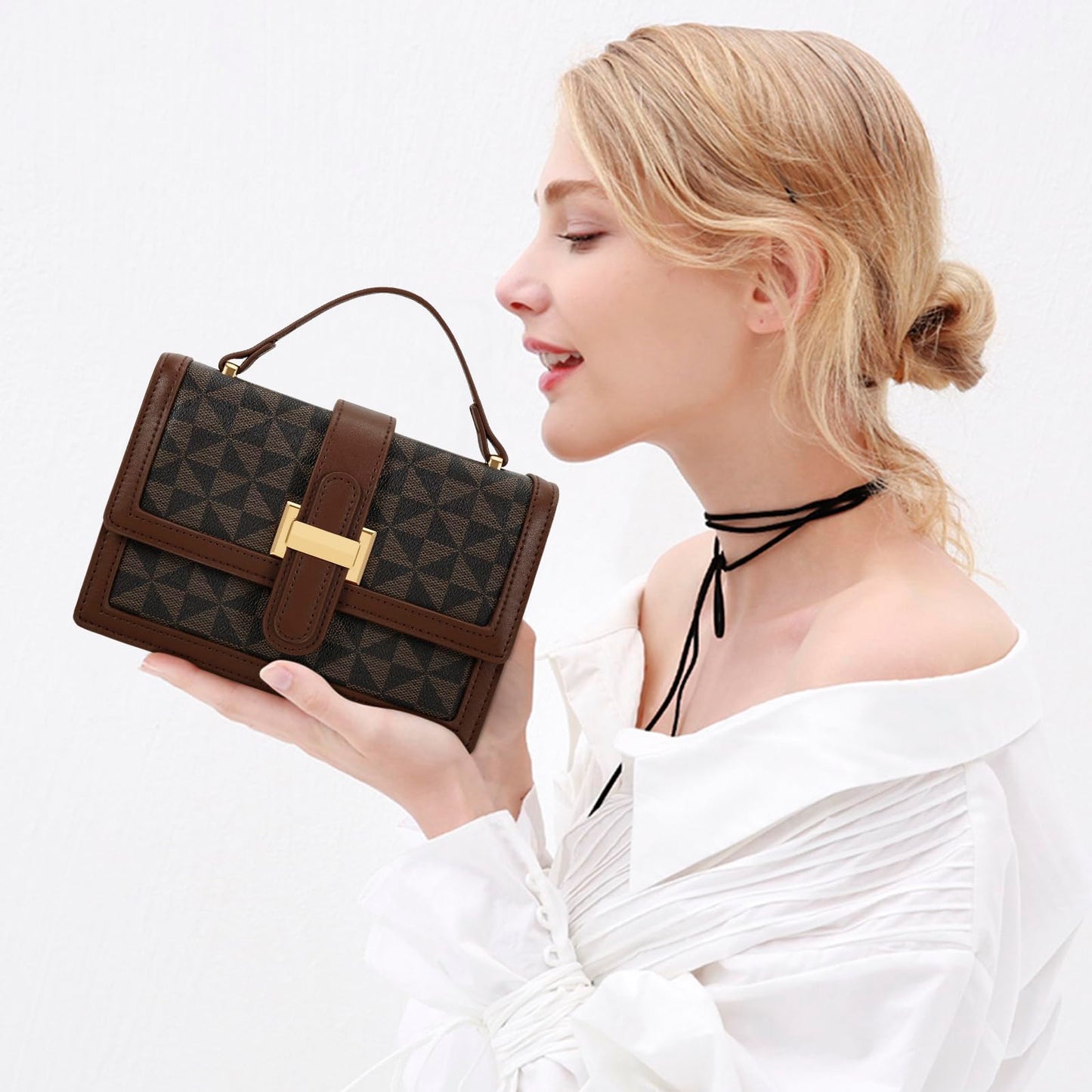KKXIU Crossbody Bags for Women - Top Handle Purses for Lady, Leather Handbags Shoulder Clutch with Adjustable Shoulder Strap (Brown Checkered)