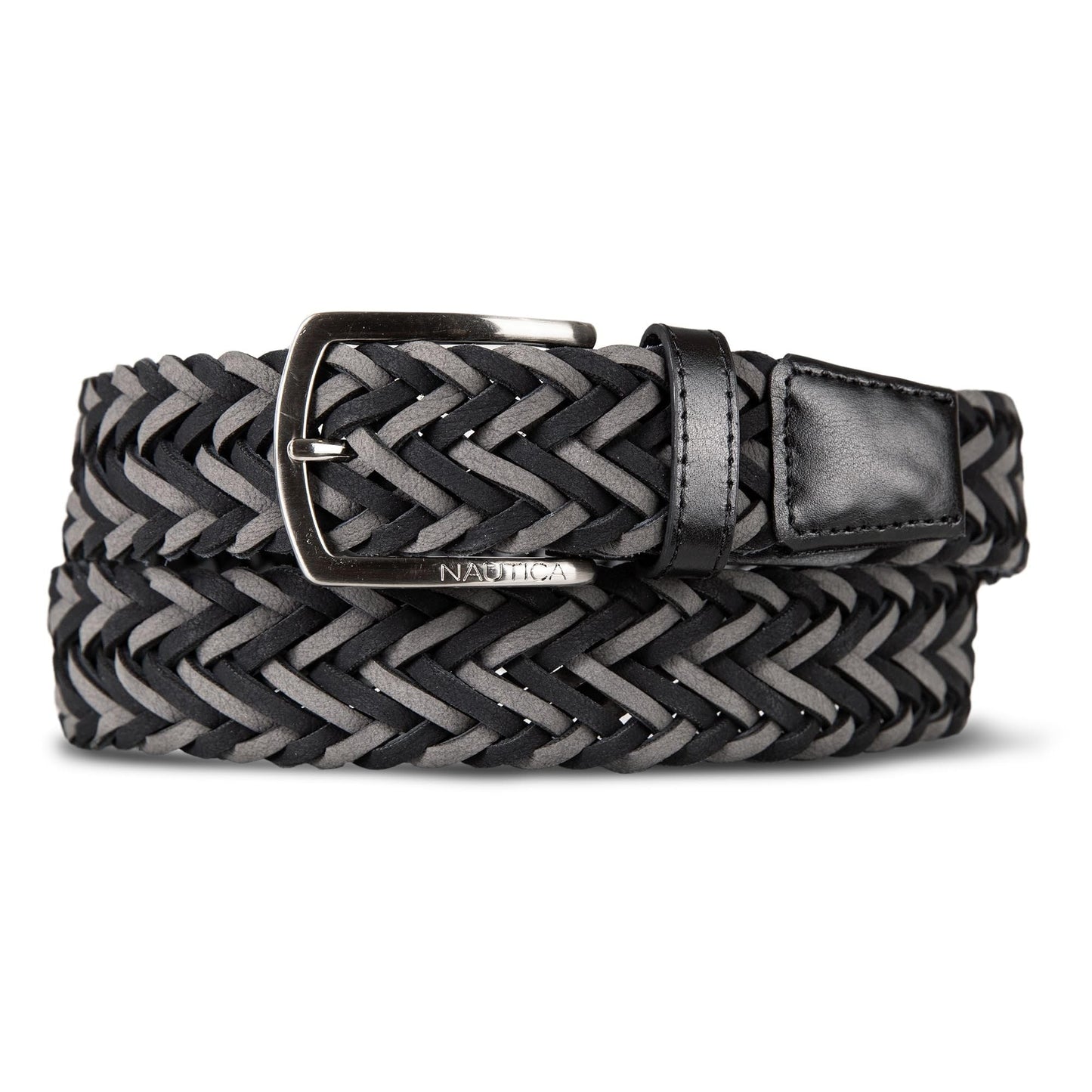 Nautica Men's Casual Leather Belt | Everyday | Classic | Pants | Jeans | Khakis | Chinos | Metal Buckle, Braided Two Tone - Black/Grey, 38 Inches