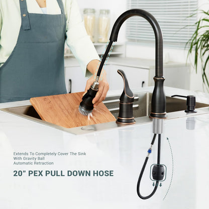 APPASO 3 Hole Kitchen Faucet with Pull Down Sprayer, Kitchen Faucets with Soap Dispenser, 3 Pieces Kitchen Sink Faucet with Separate Handle, Matte Black Kitchen Faucet 3 Hole, 218MB