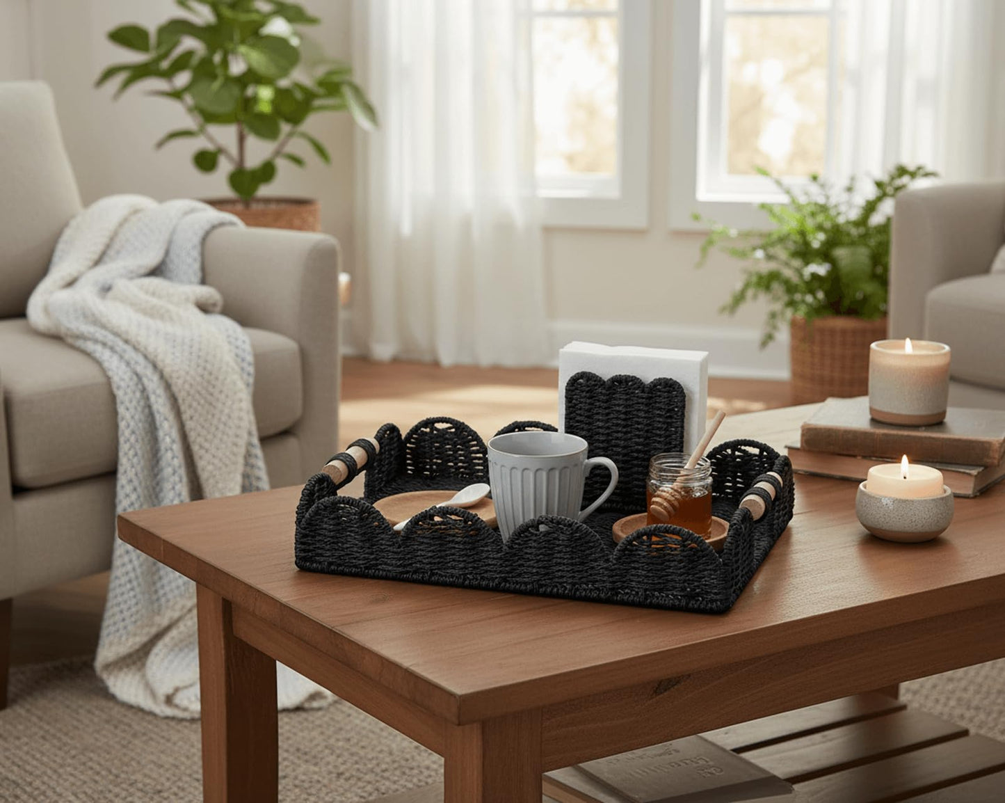 CubesLand Rectangular Scalloped Decorative Centerpiece Tray for Coffee Table, Home Decor, Living Room - Black Tray w/Wooden Handle – Warm and Elegant for Holidays, Housewarmings - Candle Plate Holder