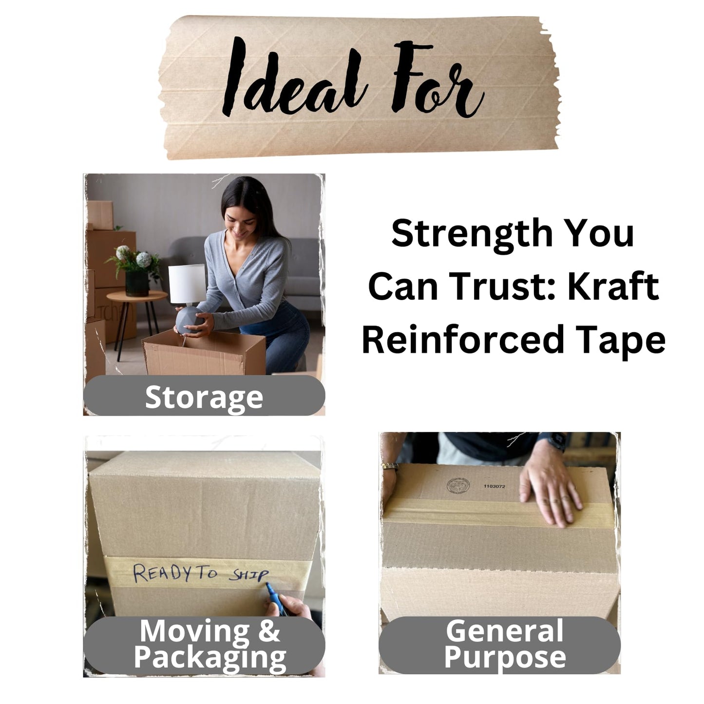 3'' x 492 Feet (150M) Reinforced Water Activated Gummed Kraft Paper Tape, for Heavy Duty Secure Packing Shipping, Tamper Evident Gummed Tape, Brown - 10 Rolls