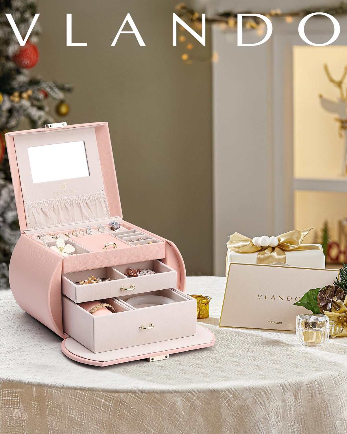 Vlando Princess Style Jewelry Box for Girls Jewelry Box Girls 12-14 3-Layer Kids Jewelry Box with Mirror Little Girls Jewelry Box 8-12 Birthday Gift for Teens Girls (Pink)